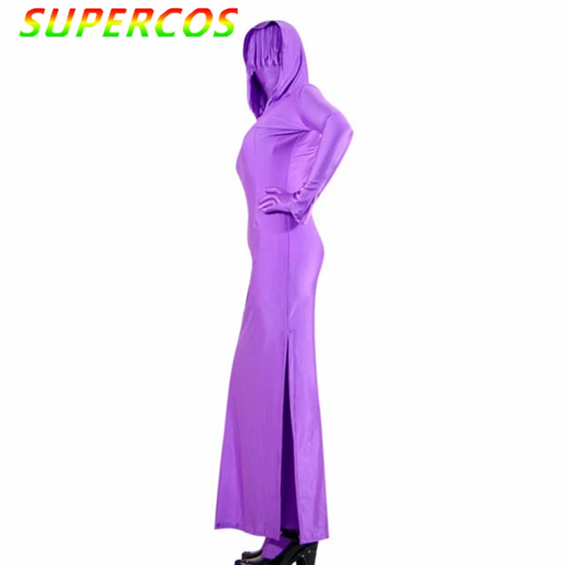 Costume Zentai violet deux pièces avec robe et pantalon, pour fête de carnaval d'halloween, de haute qualité