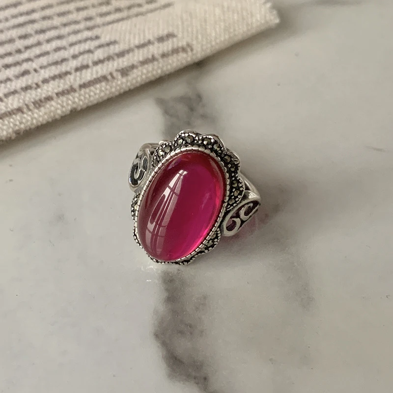 FOXANRY Silver Color Red Zircon Ring for Women Trendy Elegant Hollow Geometric Vintage Handmade Luxury Ring Party Jewelry