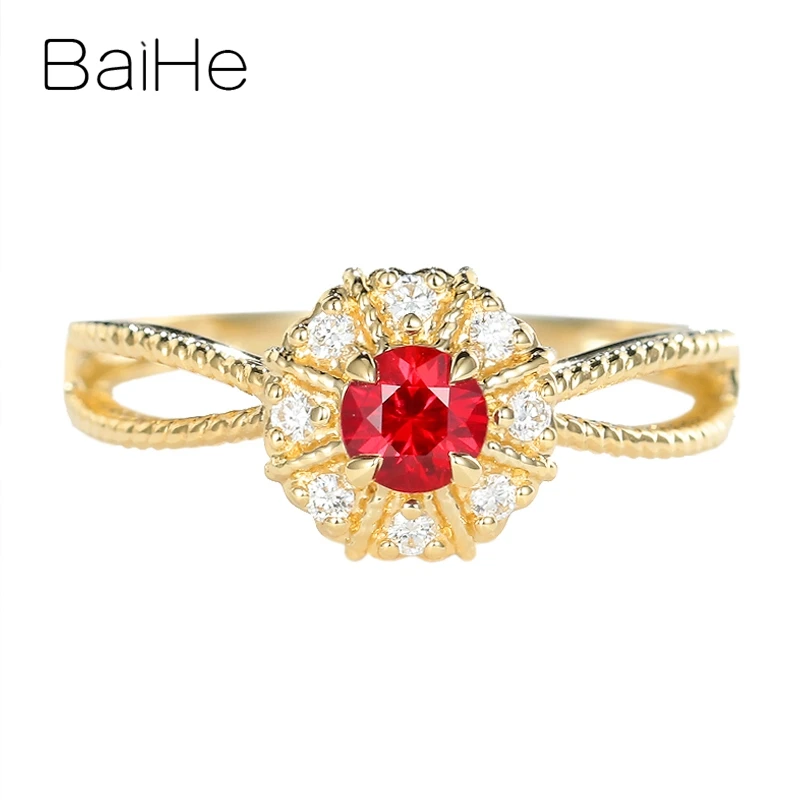 

BAIHE Solid 14K Yellow Gold Natural Ruby Diamond Vintage Ring Women Men Fine Jewelry Making Anillo antiguo de rubíes Bague Rubis