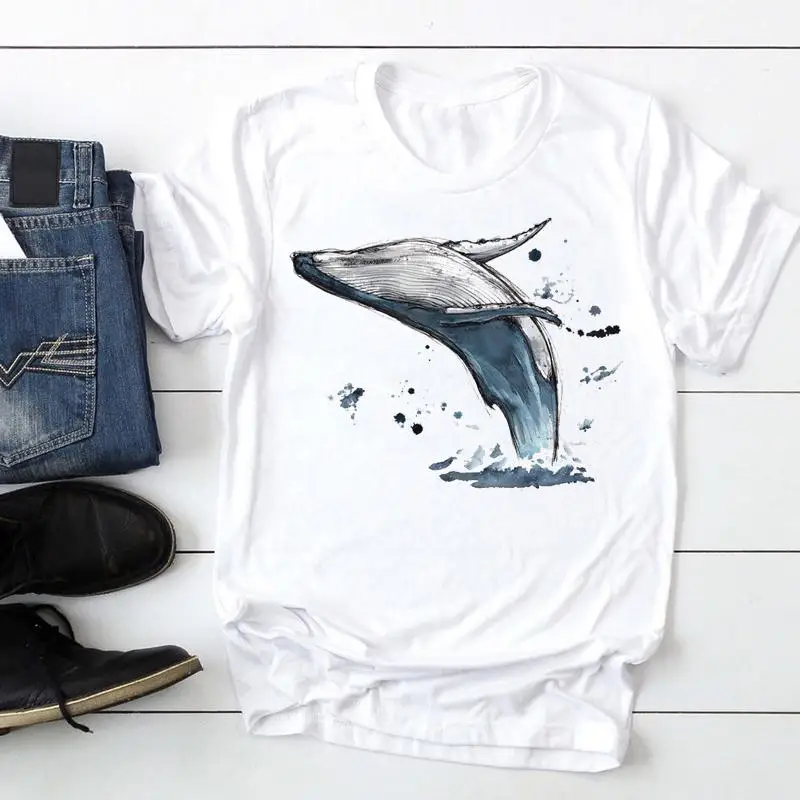 2021  Women Short Sleeve Ocean Wave Animal Cute Fashion Cartoon Summer Lady Print Tee Stylish T Top  Tshirts Clothes T-Shirt