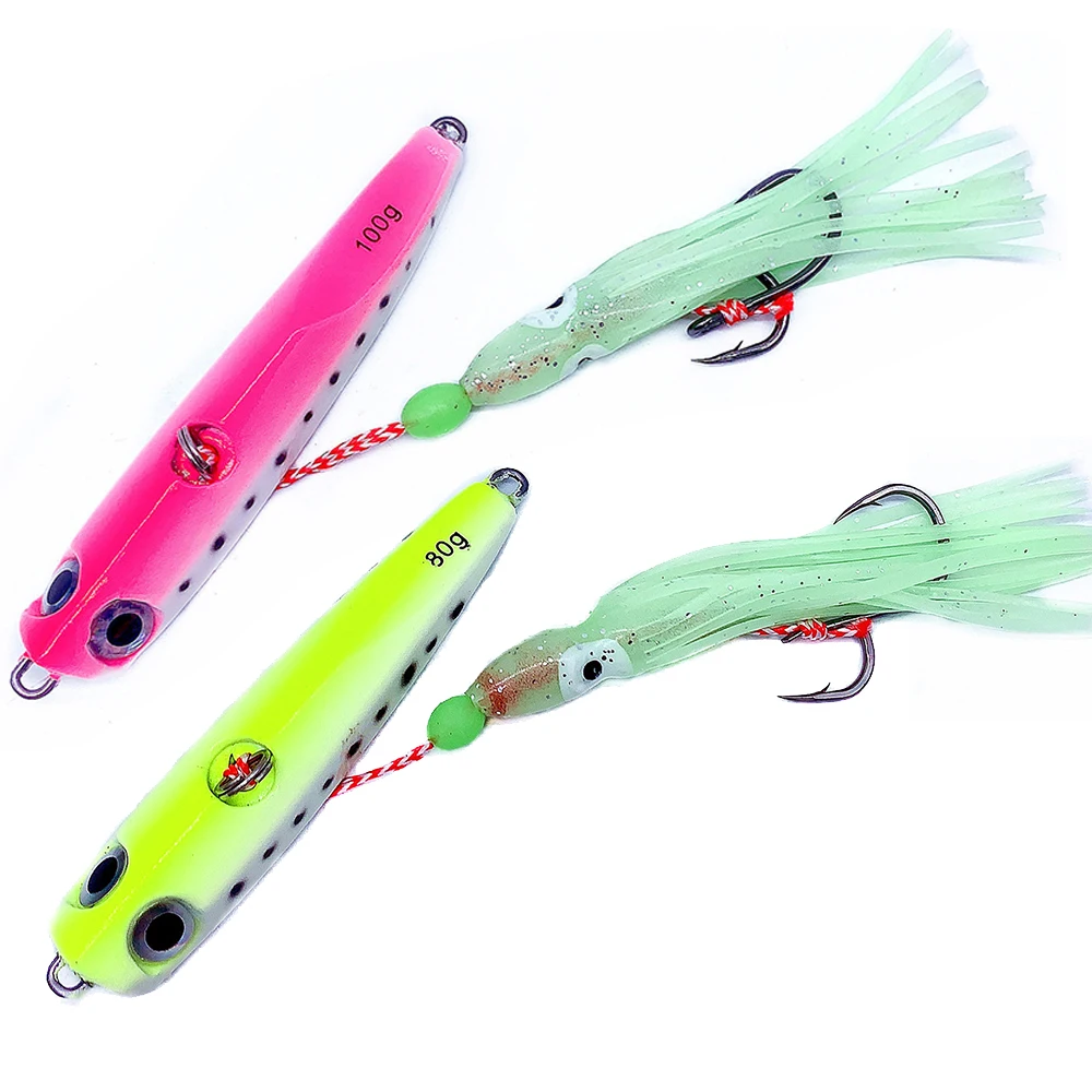 

JonStar 80G 100G 120G deep sea jigging metal slow jig head with rubber skirts luminous glow salt water marlin inchiku