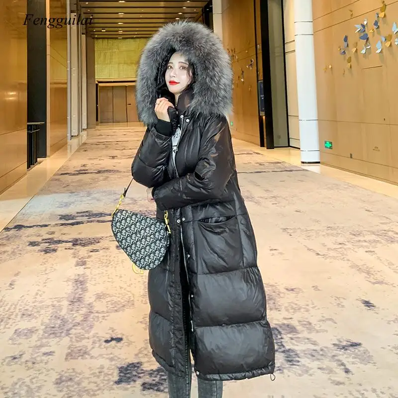 Fashion Cool Retro Black Winter Women's Jacket Causal Ladies Long Pocket Zipper Stand Collar Fur Hooded Coat Parka