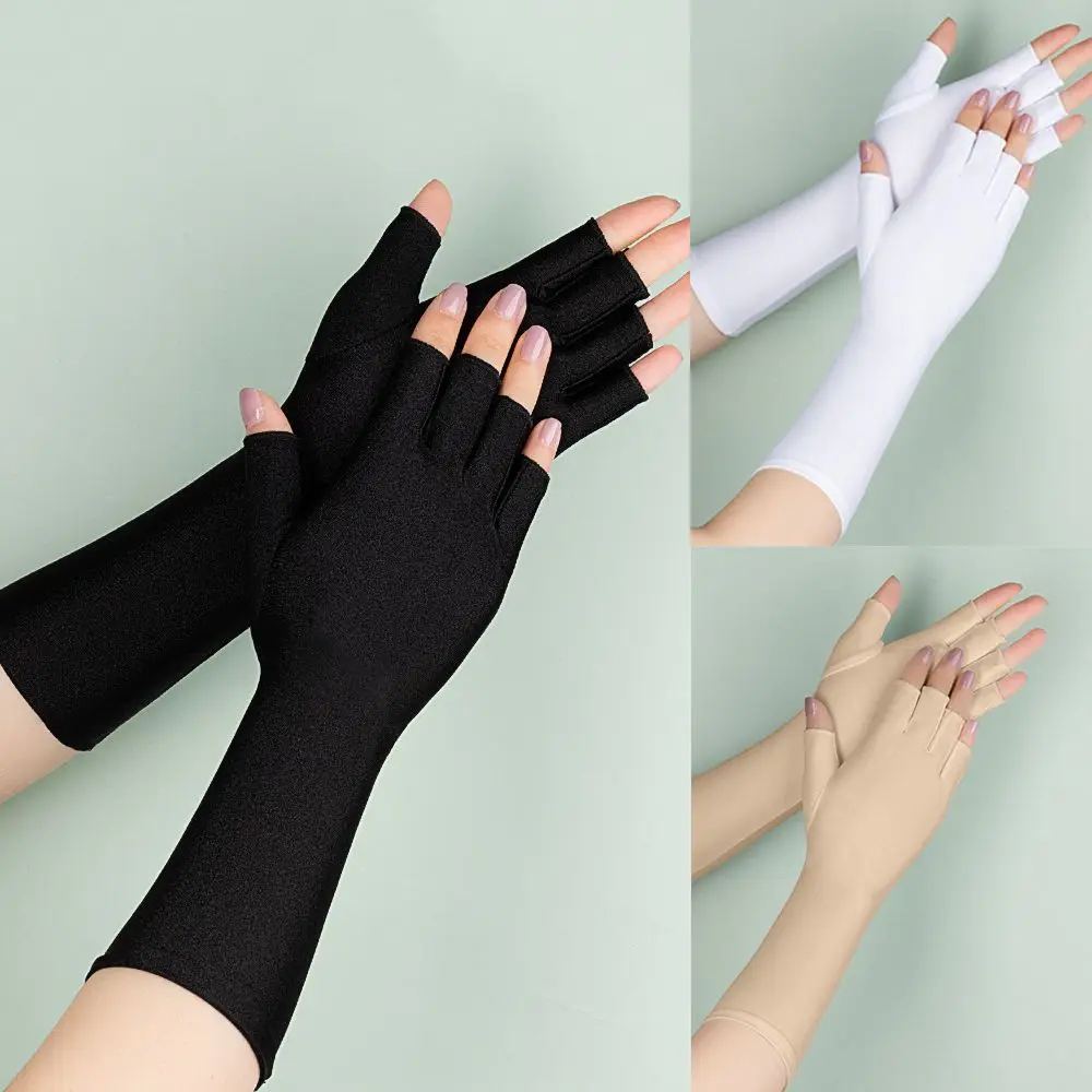 1Pair Sunscreen Protection Fingerless Long Gloves Women Arm Cool Summer Solid Mittens Half Finger Sleeves Black White Nude