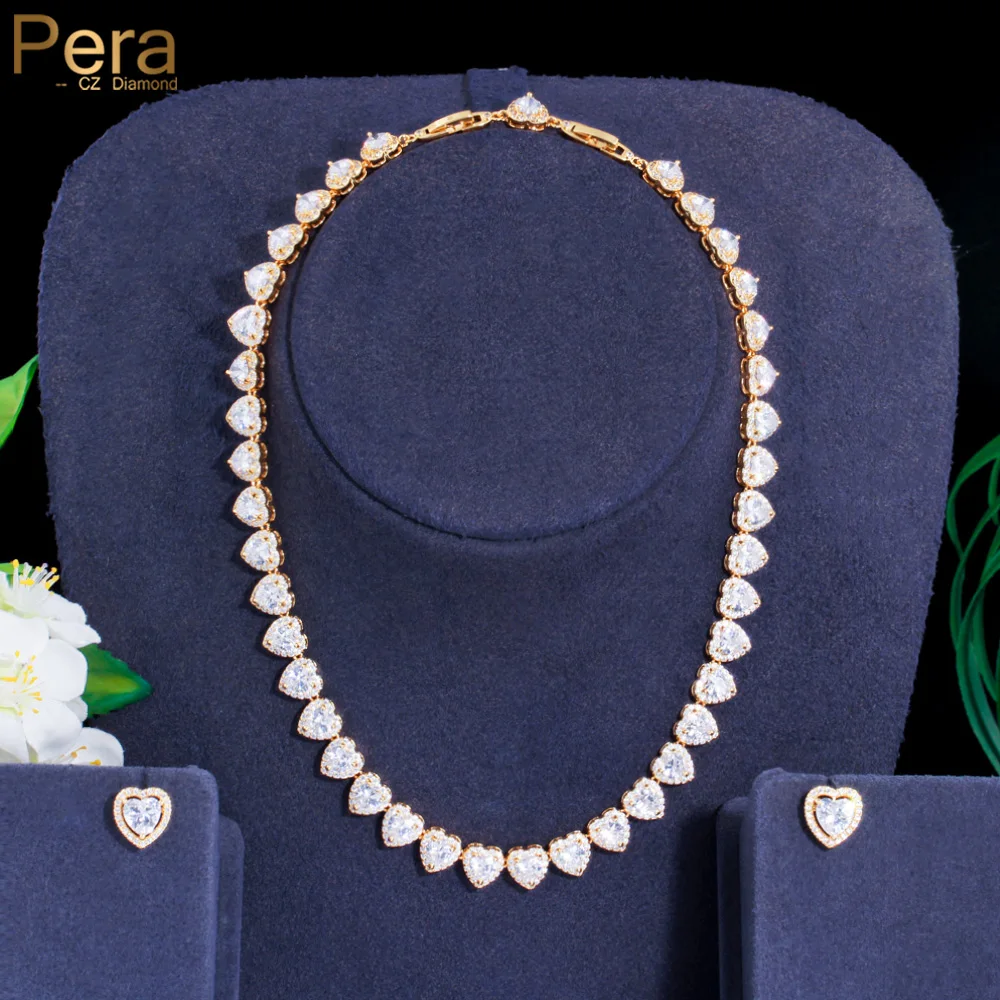 

Pera Wonderful Shiny CZ Zircon Yellow Gold Color Women Party Heart Charm Round Choker Necklace Earrings Brides Jewelry Sets J477