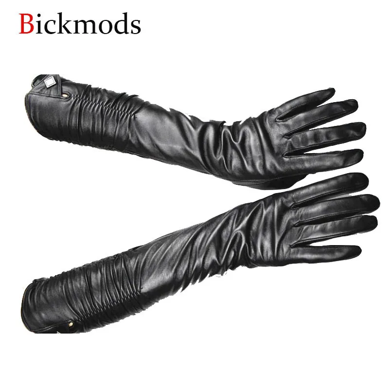 Fashion Long Leather Gloves Women\'s Sheepskin Black Velvet Lining Autumn and Winter Warm Gloves Free Shipping