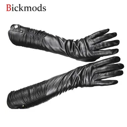 Fashion Long Leather Gloves Women's Sheepskin Black Velvet Lining Autumn and Winter Warm Gloves Free Shipping