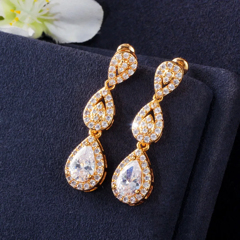 CWWZircons Luxury Cubic Zirconia Gold Color Water Drop Earring Necklace Bracelet Wedding Party Costume Bride Jewelry Sets T402