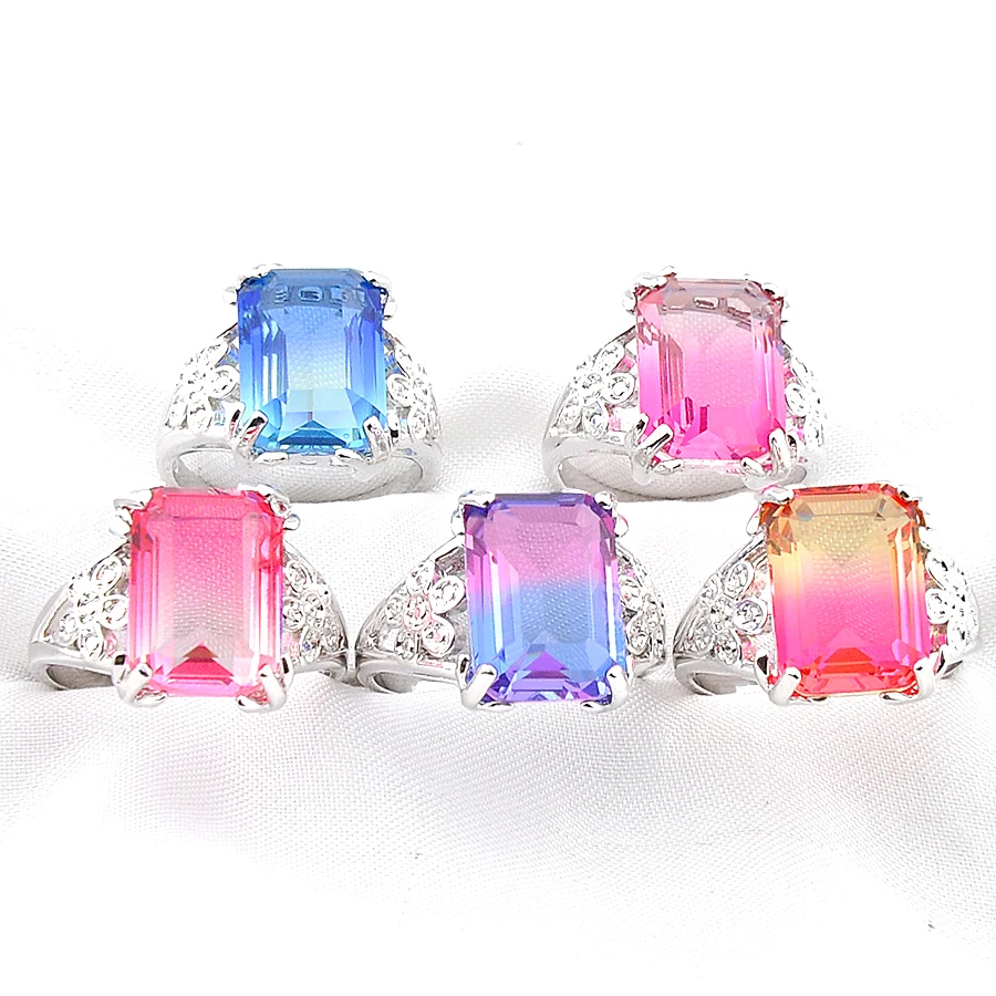 MIX 5 Pieces Holiday Gifts Big Offer Square Rainbow Bi-Colored Tourmaline Gemstone Silver Rings Mix Size 7 8 9