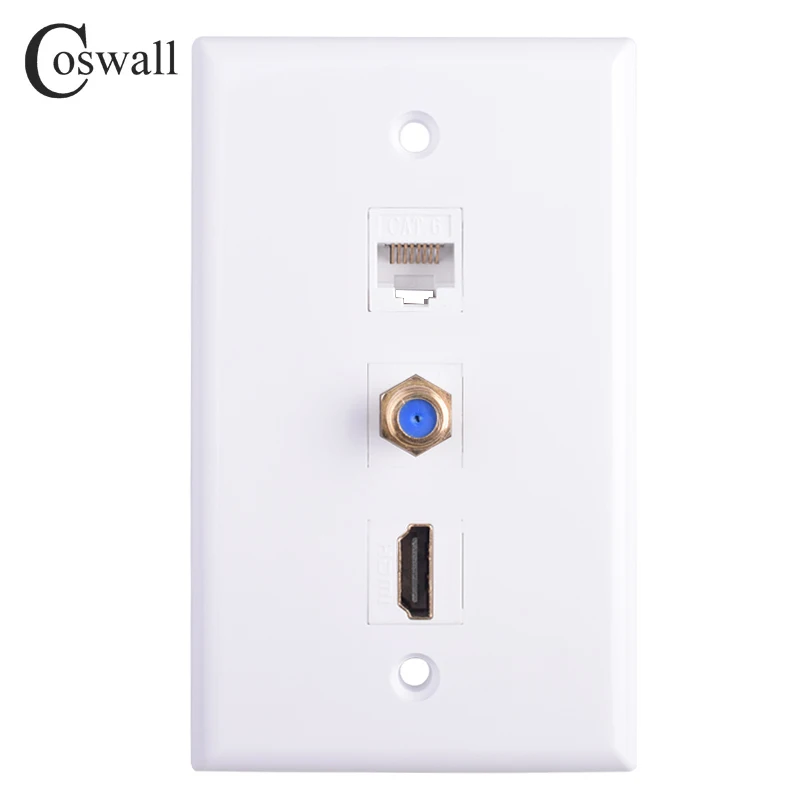 Coswall PC Panel Wall Outlet Coaxial Satellite TV F Head & CAT6 RJ45 Internet Jack + Female to Female HDMI-compatible 2.0