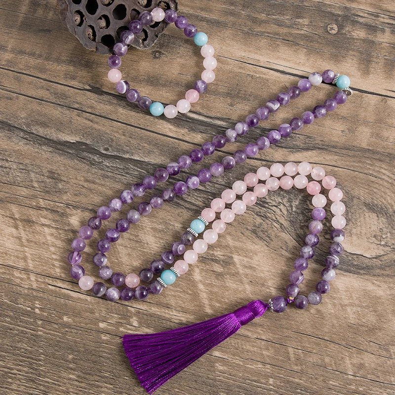 

8MM Natural Amethyst Rose Quartz Beaded Set 108 Japa Mala Yoga Meditation Spirit Peaceful Jewelry Tassel Pendant Necklace