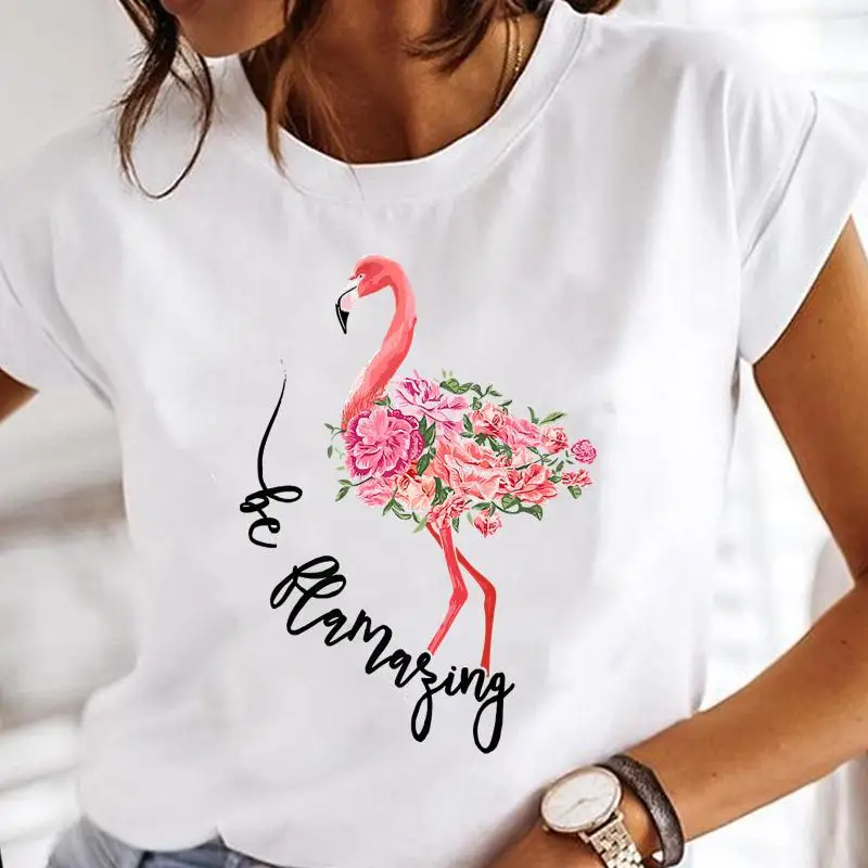 Women Elegant Flower Flamingo Cartoon Print Tops Graphic Tees Female Tshirt Fashion Clothes Short Sleeve Lady T-Shirt