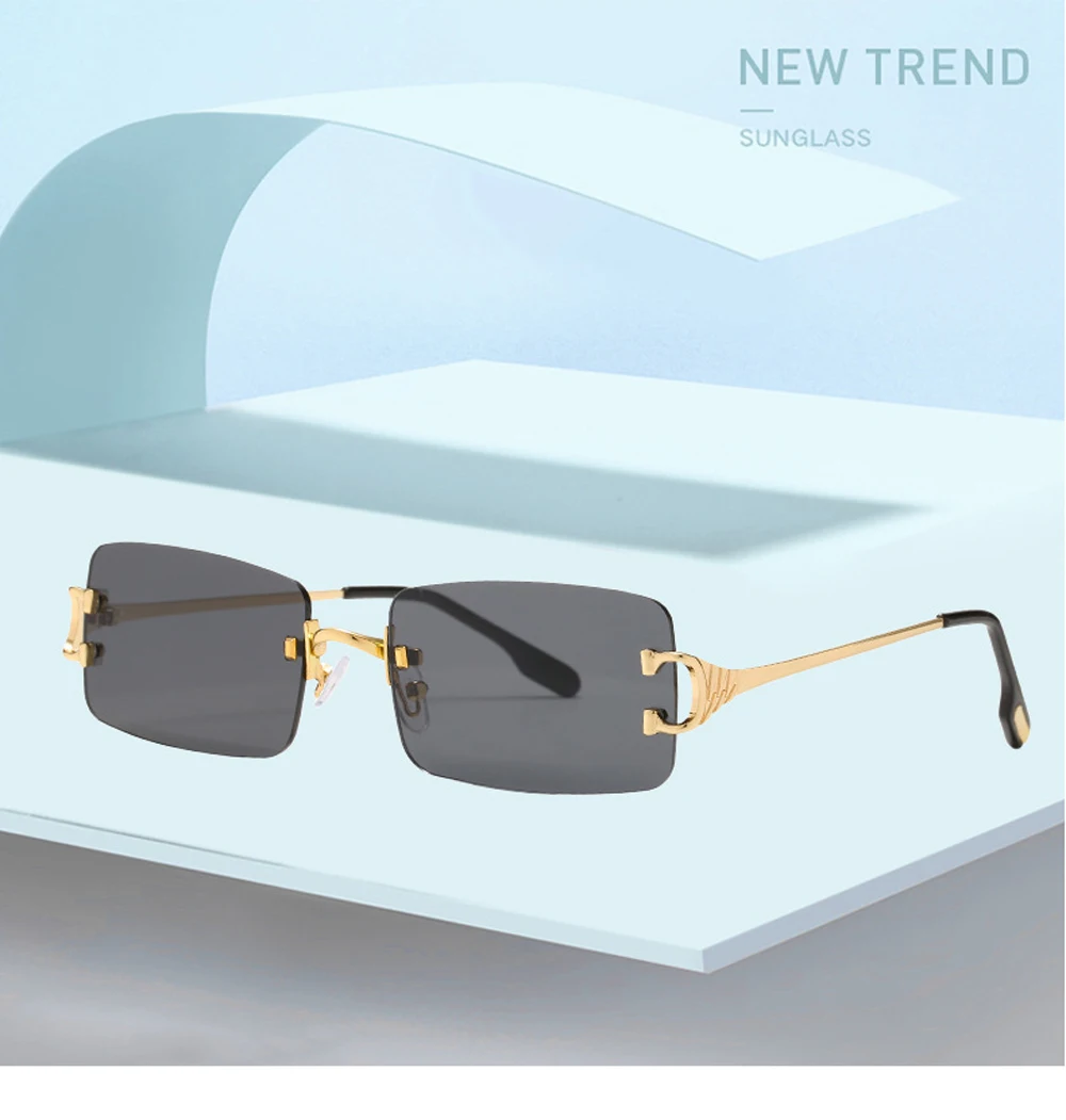 XaYbZc Blaue rechteckige Sonnenbrille, randlos, für Herren, Metall, modisch, quadratisch, Sonnenbrille für Damen, Verlaufsglas, rahmenlos, 2025, UV400 – Detail 3