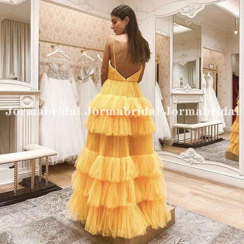 Mustard Yellow Tulle Prom Dresses With Tiered Ruffles Skirt 2021 V Neck Backless Celebrity Dress Formal Long Dress For Women