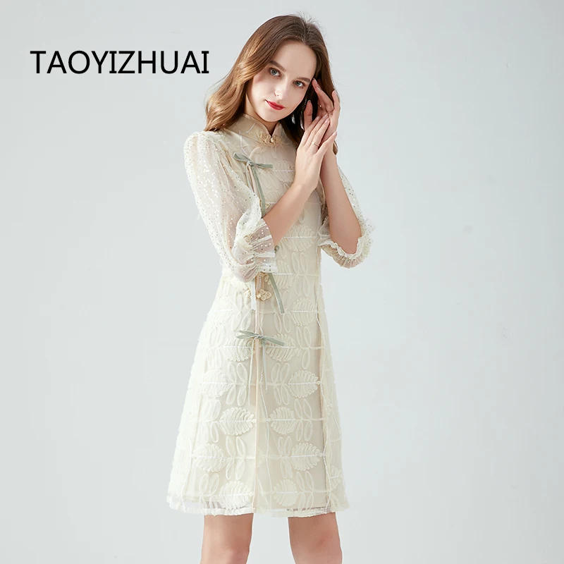 Taoyizhuai brand bubble sleeve dress improved Chinese style spring and Autumn New Retro cheongsam lace a-word versatile dress