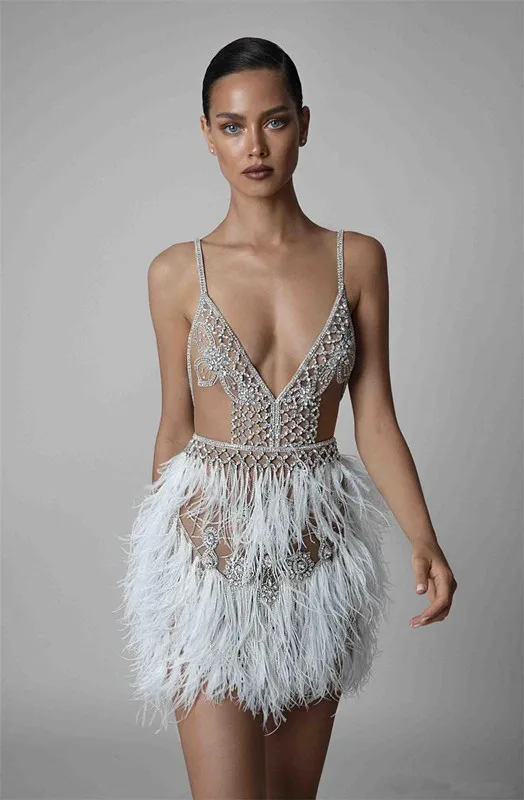 Vestidos de Cóctel elegantes, sexys, con tirantes finos, con cuentas de plumas, vestidos cortos de Homecoming