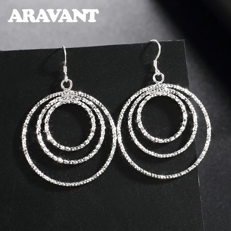 

925 Silver Earrings For Women Shiny Three Round Circle Earring Silver Jewelry Gift