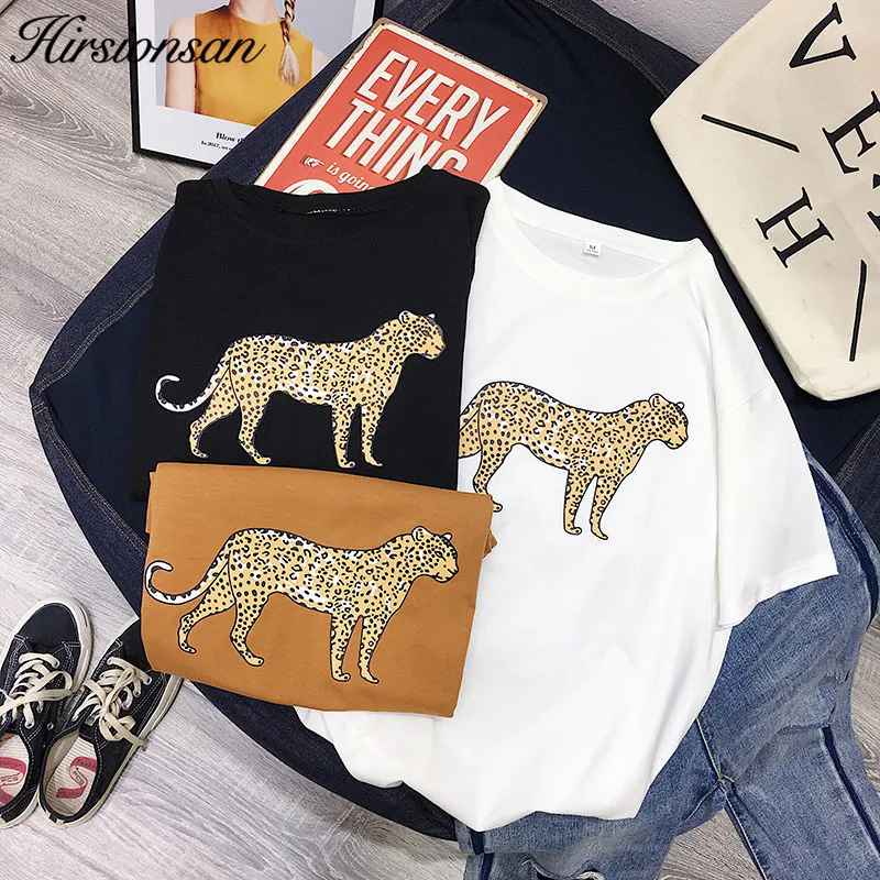 Hirsionsan Korean Summer Leopard T Shirt Women 2023 Cotton Loose O-Neck Short Sleeve Tees White Harajuku Black Punk Woman Tops