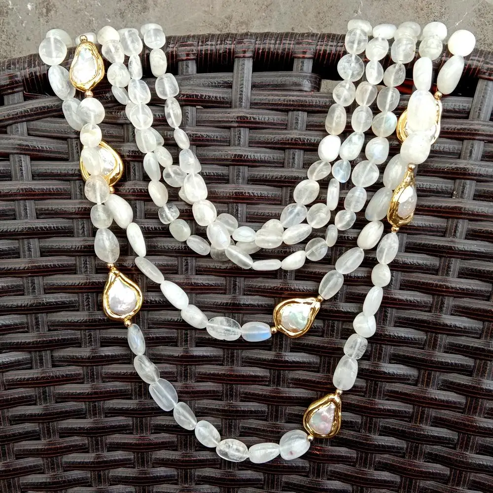 Y·YING Natural 5 Strands Moonstone Cultured Teardrop White Pearl Necklace 22