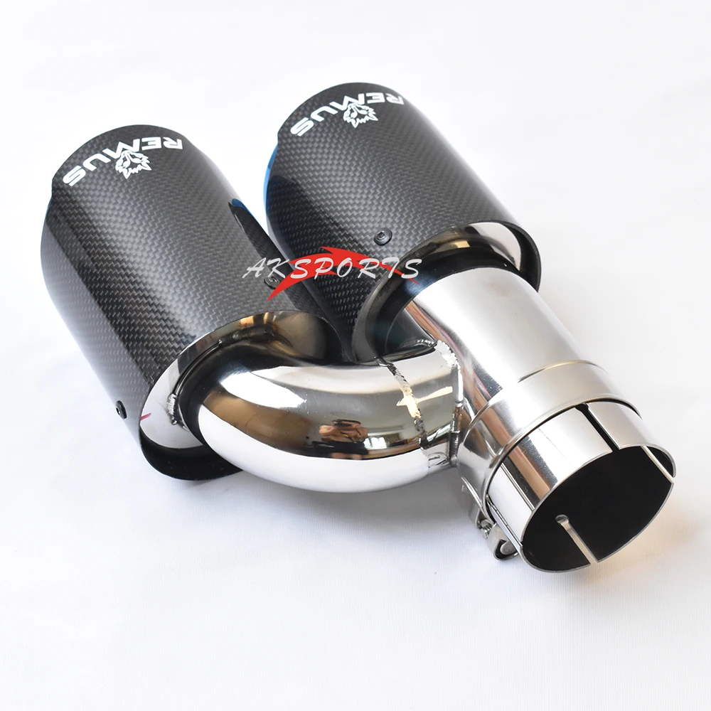 1PC Glossy Blue Stainless Steel Straight Muffler Pipe Carbon H Style Left Side End Tail Exhaust Tip With Remu Logo