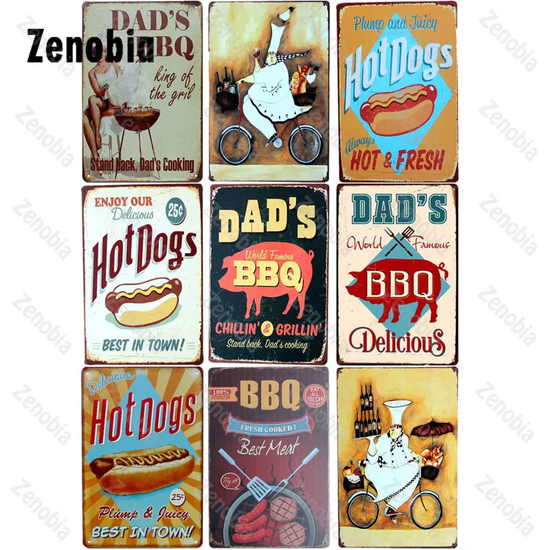 

Bbq Sign Metal Tin Sign Hot Dogs Vintage DAD's BBQ Metal Poster Plaque Decorative Tin Plates for Club Bar Decoration Home Decor