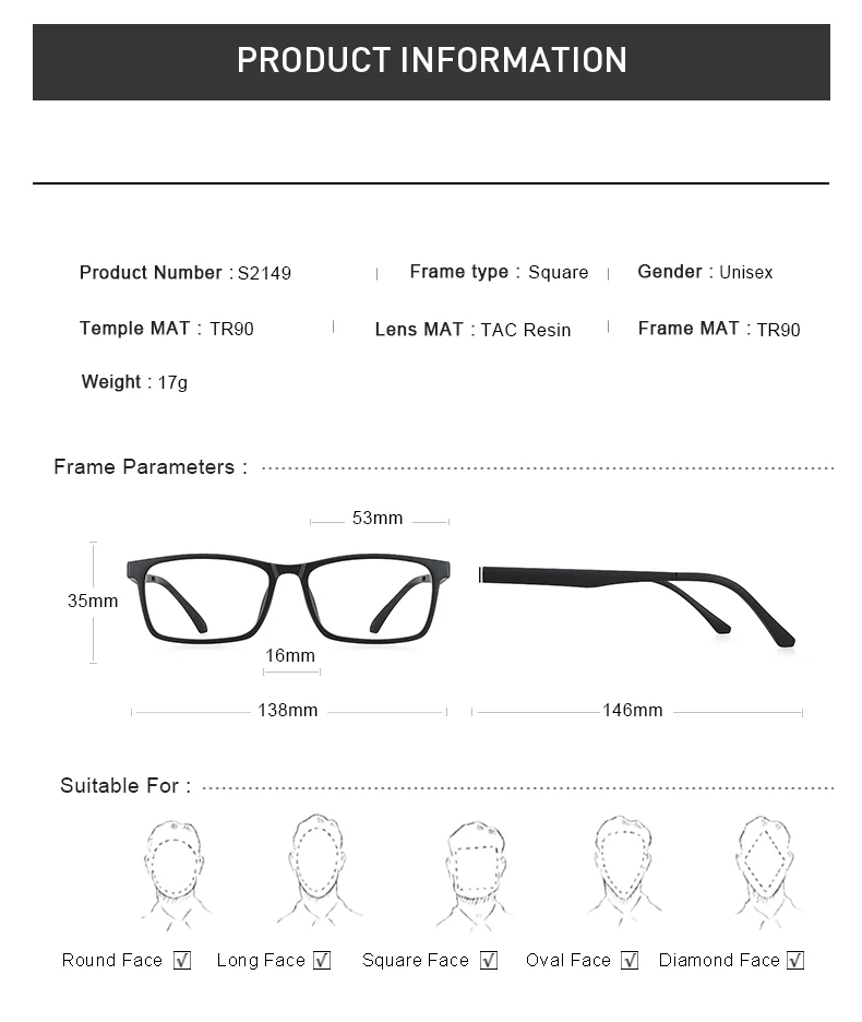 MERRYS DESIGN 5-in-1-Brillengestell mit magnetischem polarisiertem Clip für Herren und Damen, TR90-Brillengestell, quadratische Brillen S2149 – Detail 6