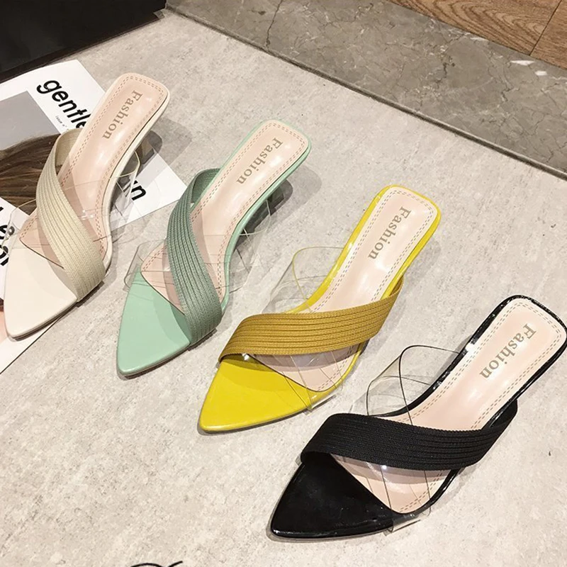 Summer Women Yellow Green Beige Pumps Sandals For Ladies Sexy Mules High Heels Slip-on Slippers Slides Shoes New 2021