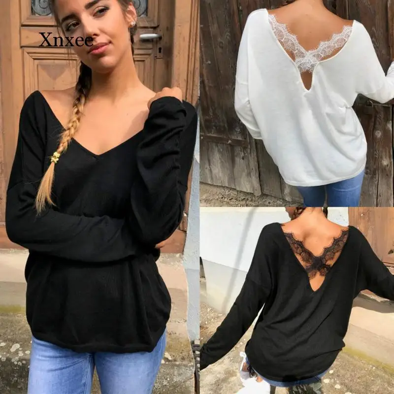 Sexy Lace Splicing Pullover Long Sleeve Backless Shirts Women Ladies V Neck Blouse Female Elegant Shirts Workplace Elegant Tops