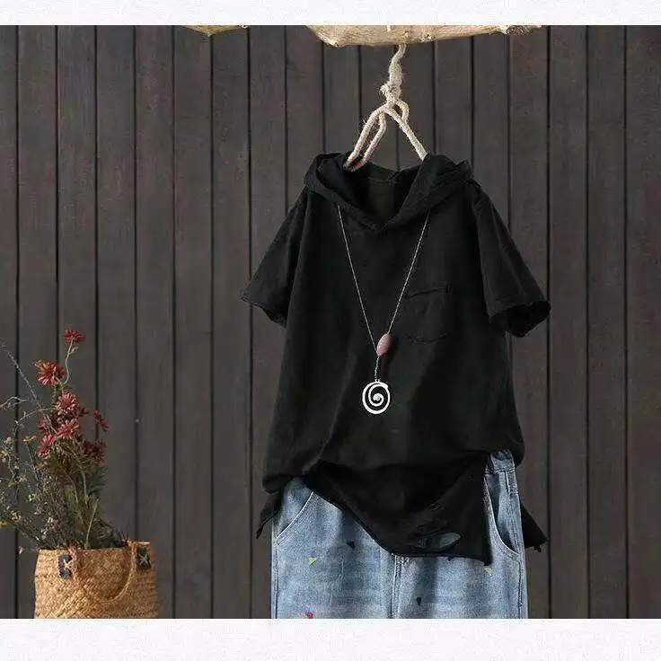 Women\'s Hooded T-shirt 2024 Original 95% Cotton Summer New Style Loose Cotton Short-sleeved Literary Hole Casual Women Clothing