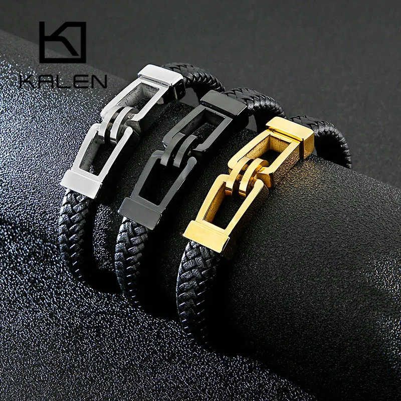 KALEN New Black Cowhide Leather Bangles Bracelets For Men 3 Colors Stainless Steel Square Interlock Pulsera Male Jewelry 2020