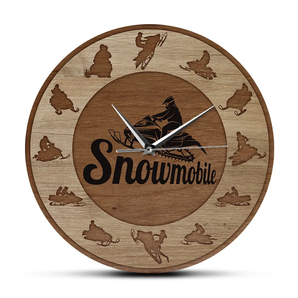 Extreme Snowmobile Riders Silhouette Art Wood Texture Acrylic Print Wall Clock Snow Winter Games Home Decor Snowmobilers Gift