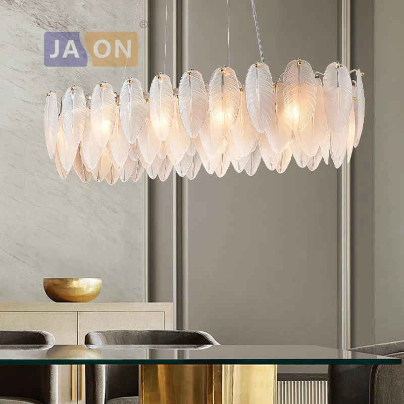 Artistic White Glass Goose Feather Designer Round Oval LED Chandelier Lighting Lustre Suspension Luminaire Lampen For Foyer