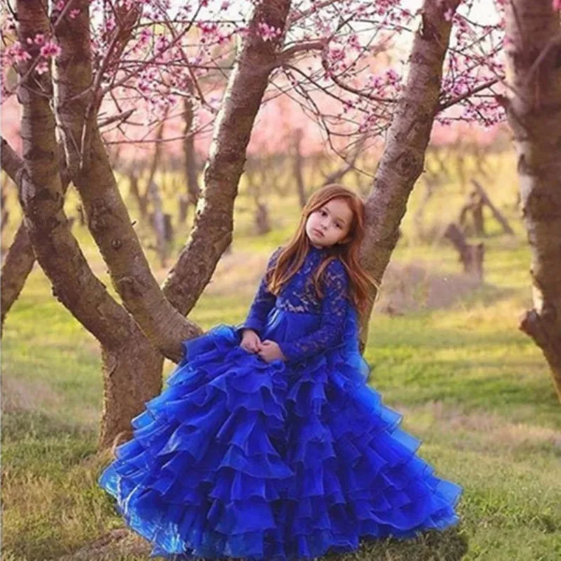 Vestidos de flores azul real para niña, Apliques de encaje para boda, vestido de tul escalonado, vestidos de primera comunión