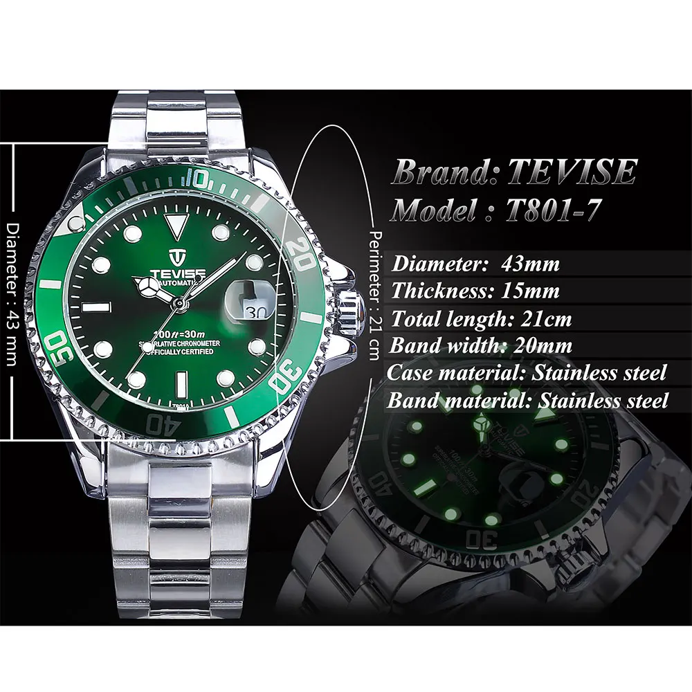 TEVISE Green Bezel Fashion Sport Waterproof Automatic Mechanical Watches Top Brand Luxury Calendar Luminous Male Clock Relogio