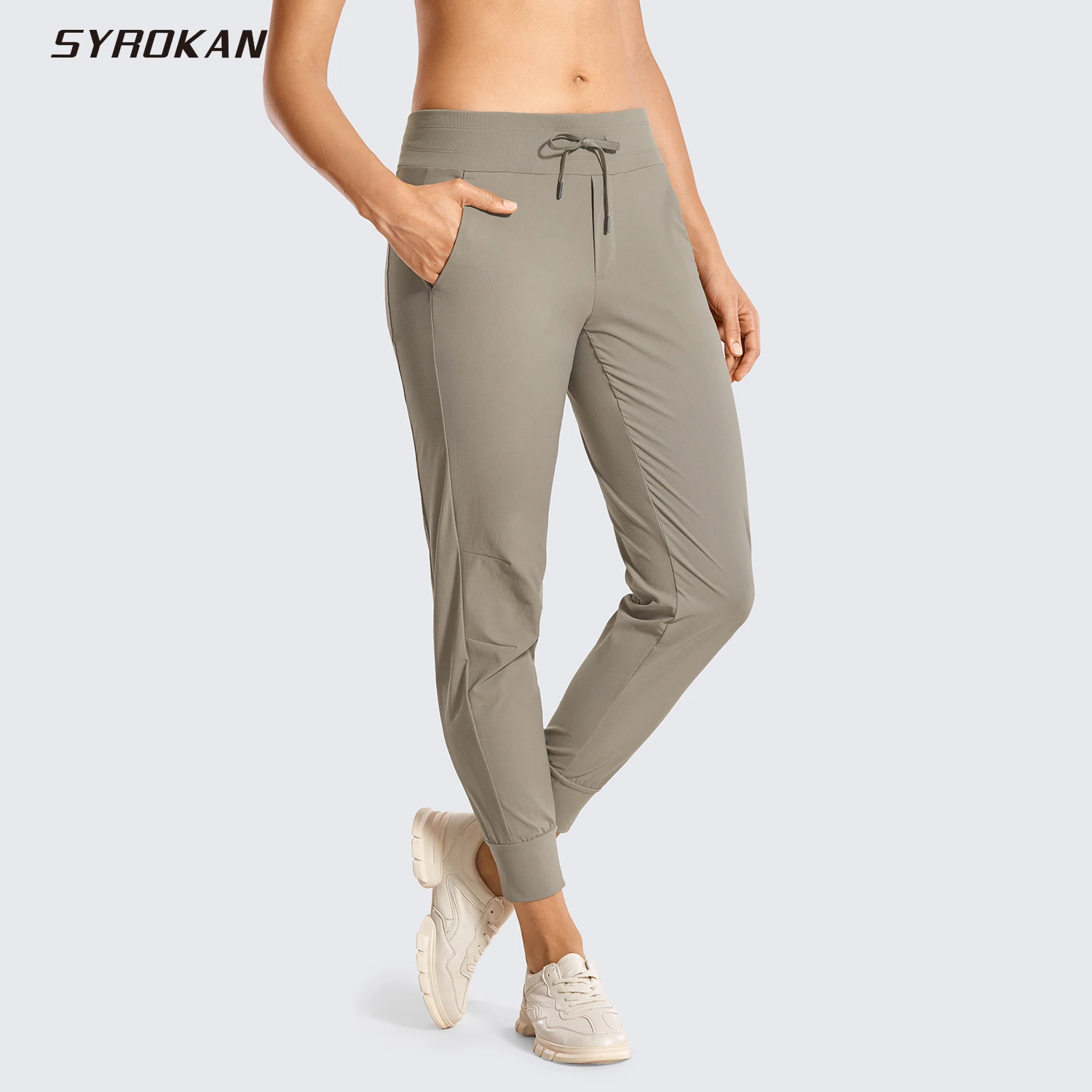 Syrokan Vrouwen Wandelen Broek Lichtgewicht Sneldrogende Trekkoord Joggers Met Zakken Elastische Taille Reizen Pull Op Broek-27.5''