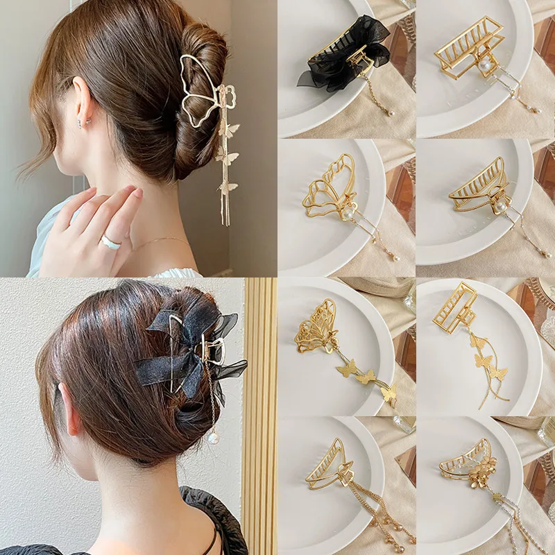 New Women Gold Color Geometric Butterfly Hair Claw Vintage Long Pendant Hair Clips Headband Hairpin Hair Crab Hair Accessories