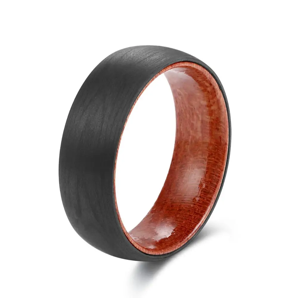 POYA 8 mm Black Carbon Fiber Ring for Men with Rosewood Liner Inside Comfort Fit