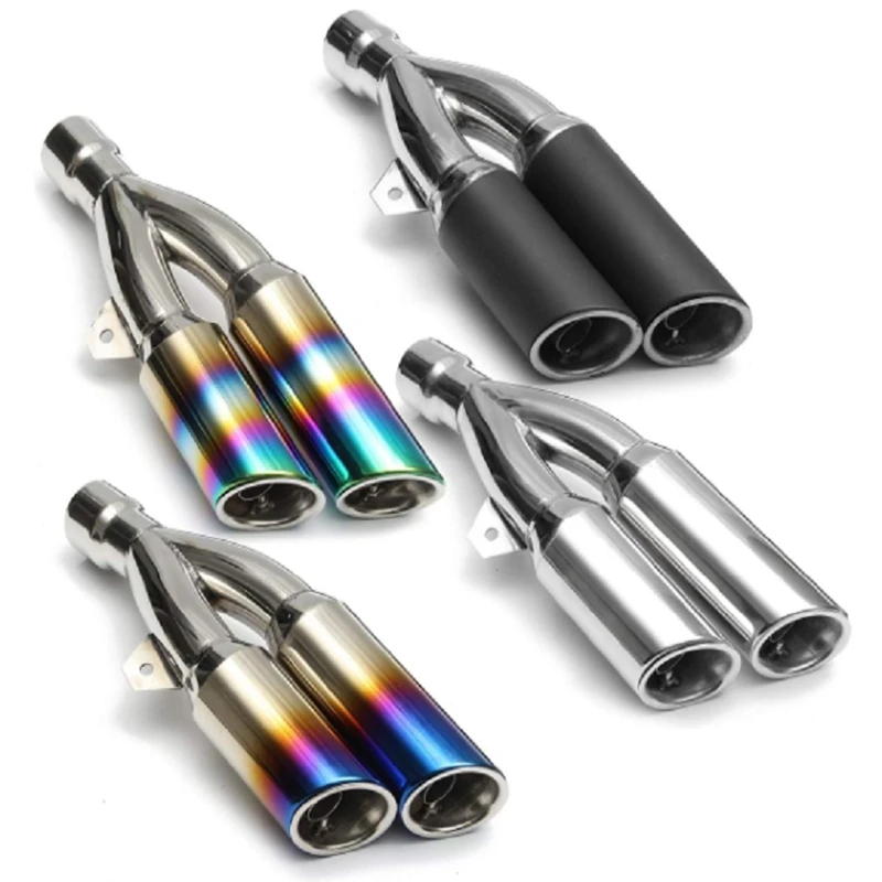 

38-51mm Universal Motorcycle Double Outlet Exhaust Tailpipe Muffler Tube Stainless Steel Slip On Blue / Silver / Black