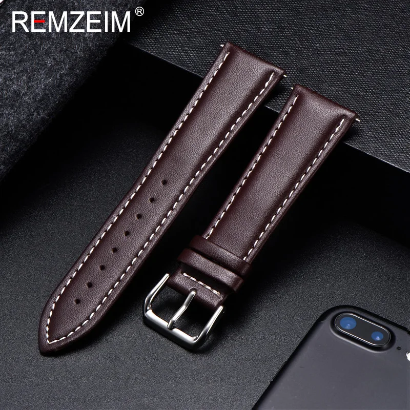 REMZEIM Watch Band Genuine Leather straps Watchbands 18mm 20mm 22mm 24mm Watch Accessories Women Men Brown Black Belt Band