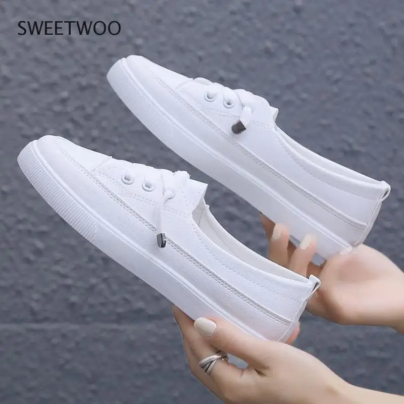 2021 Low platform sneakers women shoes female pu leather Walking sneakers Loafers White flat slip on casual shoes