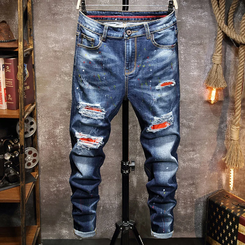 

Unique Fashion New Men's Ripped Stonewashed Slim Stretch Brand Jeans Youth Wish Casual Denim Trousers Hommes Long Cowboys Pants