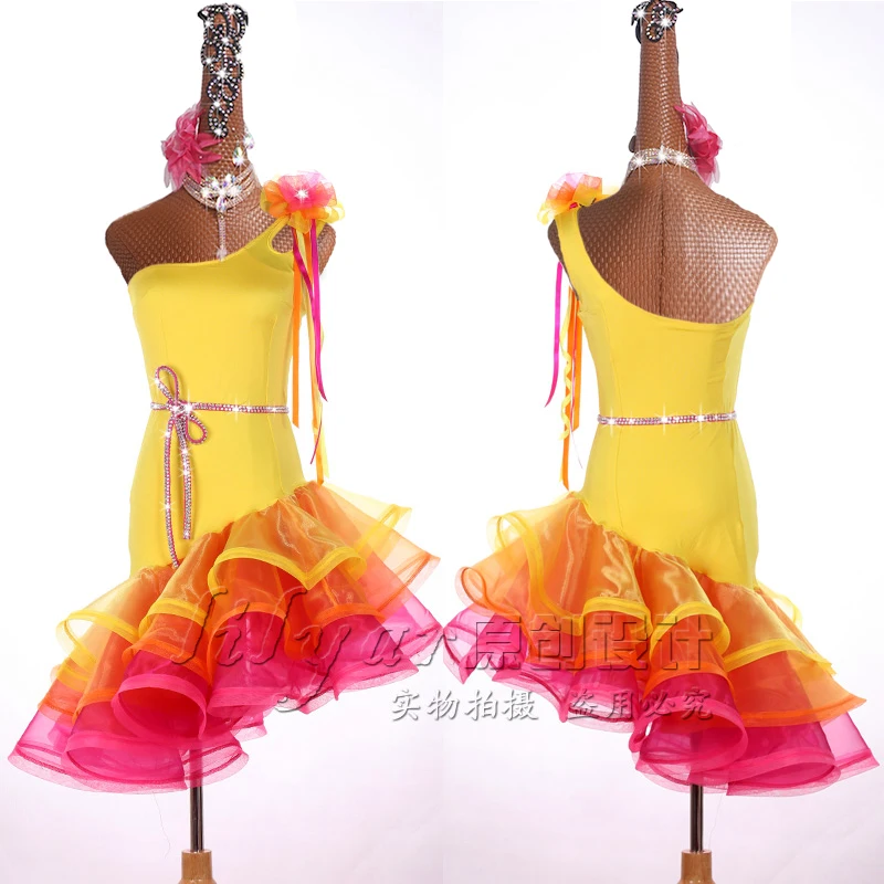 Latin Competition Performance Skirt Sparkling Diamond Customized Yellow Oblique Children's Dance Skirt