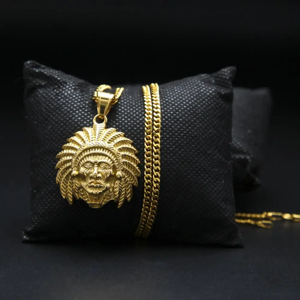 Hip Hop Indian Chief Head Charm Goth Pendant & Necklaces With Long Chains For Men Jewelry Gifts