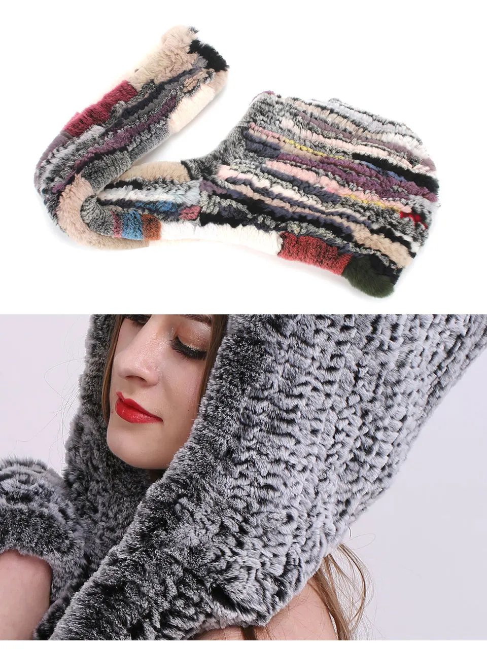 Frauen Gestrickte Echte Rex Kaninchen Pelz Hut Mit Kapuze Schal Winter Hüte für Frau Herbst Kappe Warme Natürliche Pelzmütze mit Hals Schals Bonnets – Detail 5
