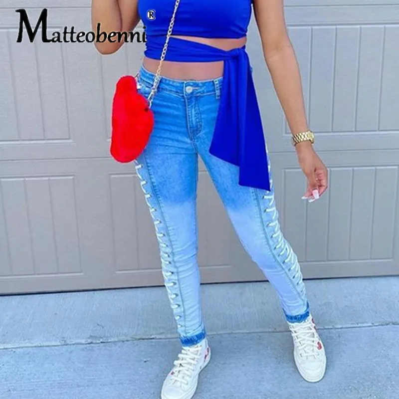 

2021 Woman Sexy High Waist Stretchy Jeans Lace Up Slim Women's Jean Fashion Hollow out Pencil Skinny Casual Jeans