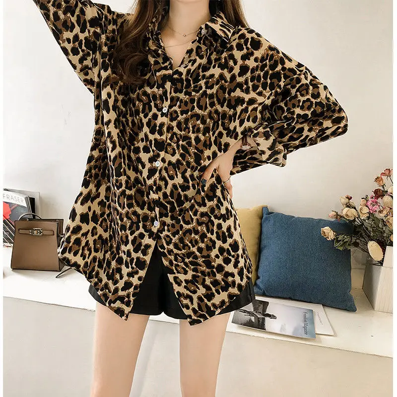 Blusa de manga larga holgada para mujer, camisa con estampado de leopardo, talla grande, para primavera y otoño, 2020