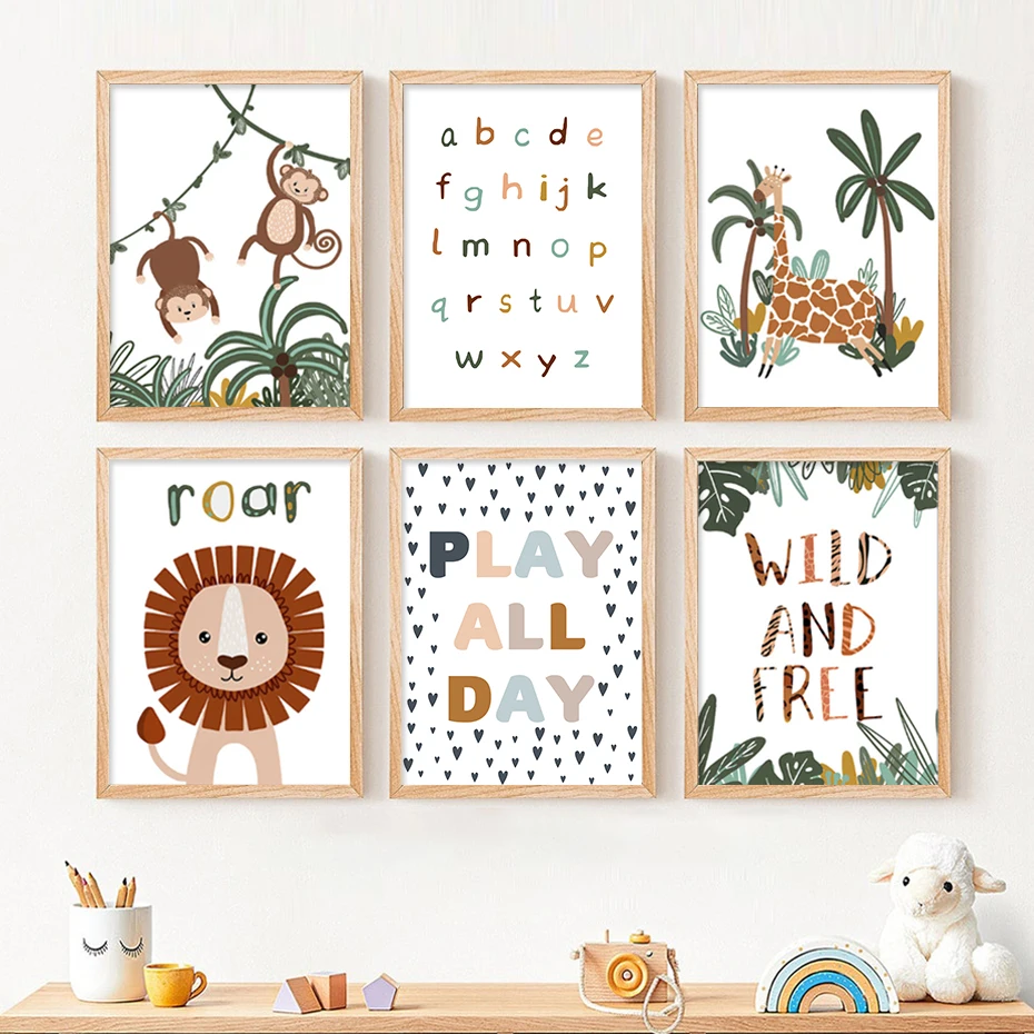 Cartoon Lion Giraffe Monkey Animal Nursery Posters Canvas Painting Wall Art Print Picture for Kids Baby Room Interior Home Decor