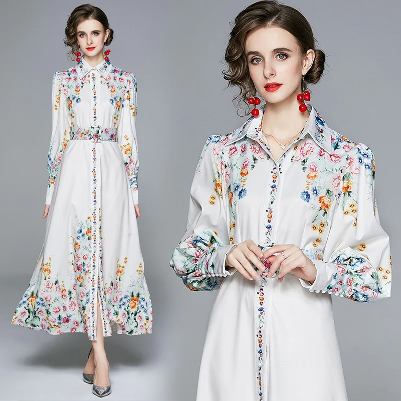 Designer Runway Spring Bohemian Maxi Dress Women\'s Long Sleeve Single Breasted Vintage Floral Print Elegant Long Dress With Belt