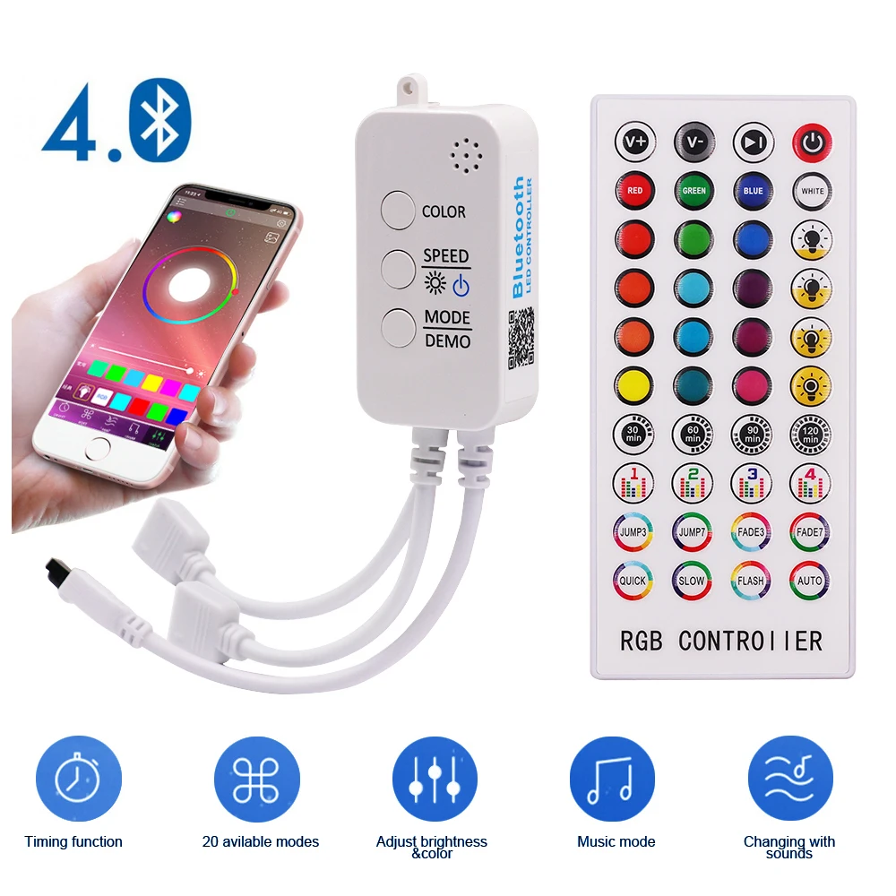 RGB LED Strip Light Controller DC12-24V Bluetooth Music Controller with 40 Key IR Remote Control for 5050 2835 RGB Tape