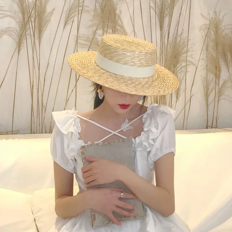 Summer Female Natural Stiff Wheat Straw Boater Fedora Top Flat Hat Women Beach  Brim Cap RAFFIA Sun Hat for Women Jazz Panama