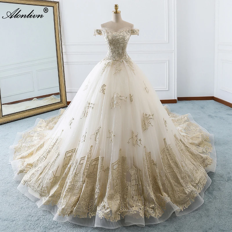 Alonlivn Real Photo Glisten Appliques Lace Beaded Pearls Wedding Dresses Lace Up Long Train Floor-Length For Brides